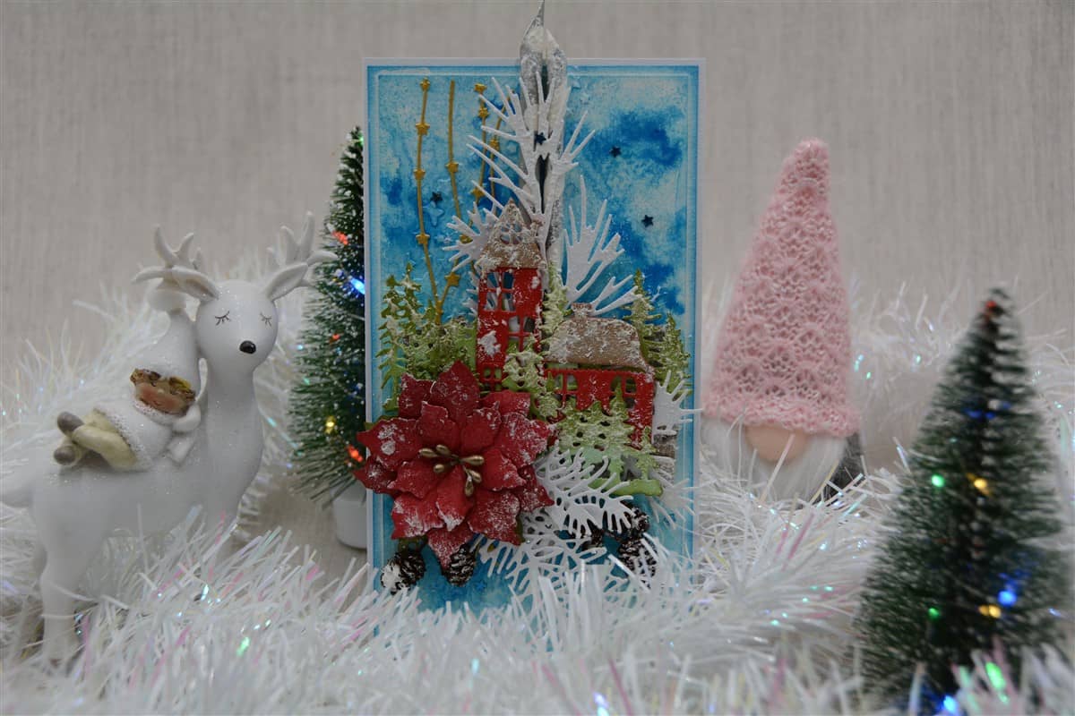 Jõulukaart "LUMISED MAJAD TALVEÕHTUL" 3 lumised majad