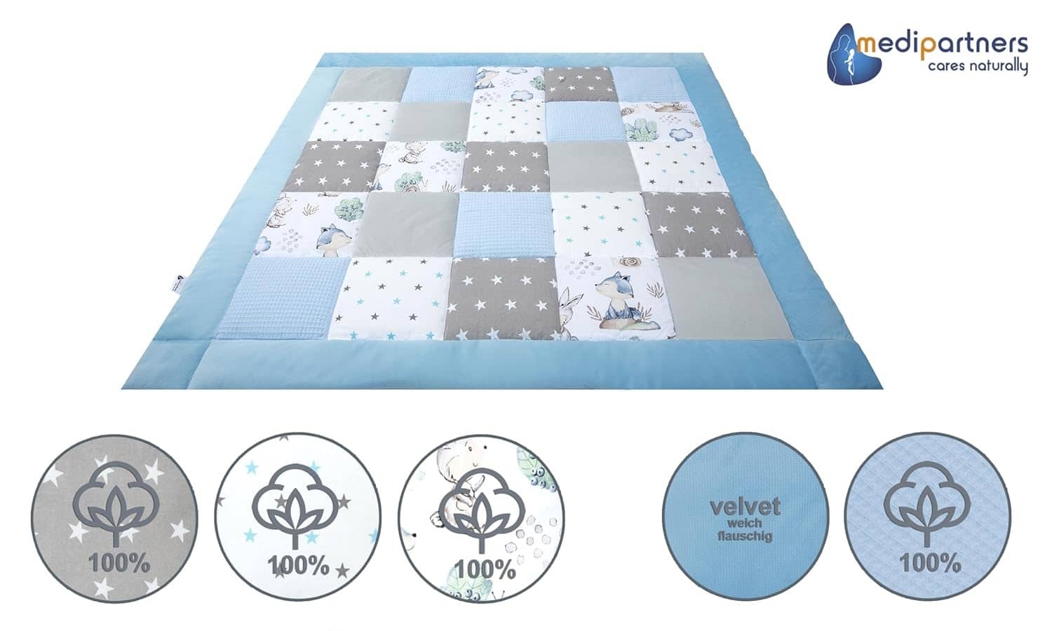 Mängumatt 120x120cm (Medi Partners) 9 mängumatt helesinine hirv ja siil 425222